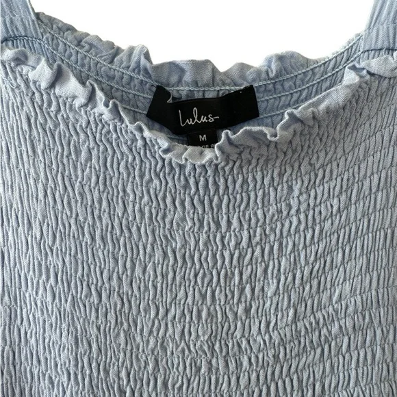 Lulus Smocked Midi Dress size Medium Light Blue Tie Shoulder Lined - Picture 4 of 9